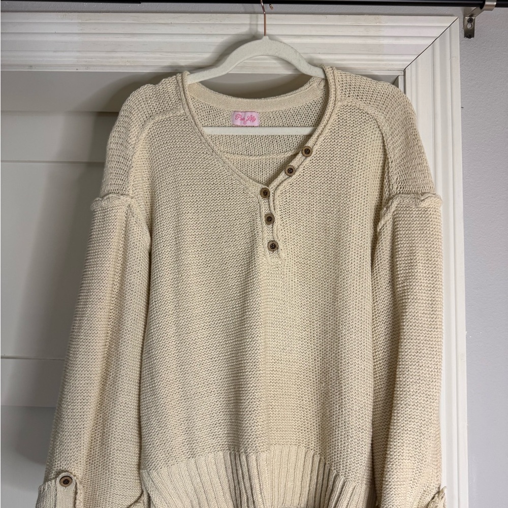 Pink Lily Cream V-Neck Henley Knit Pullover